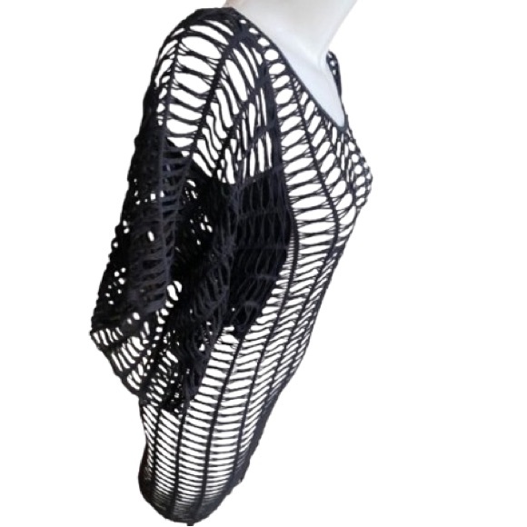 Bebe Solid Black Mesh Fishnet Bat Wing Sleeves Mini Dress / Swim Cover Up Small - Picture 11 of 13